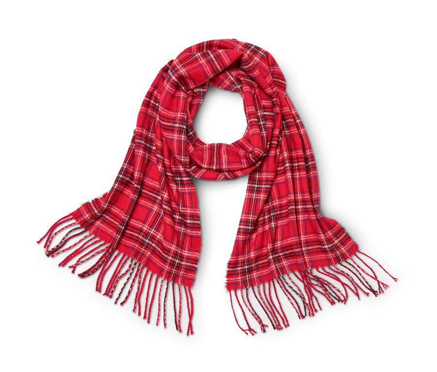 Écharpe à carreaux rouge avec des franges.