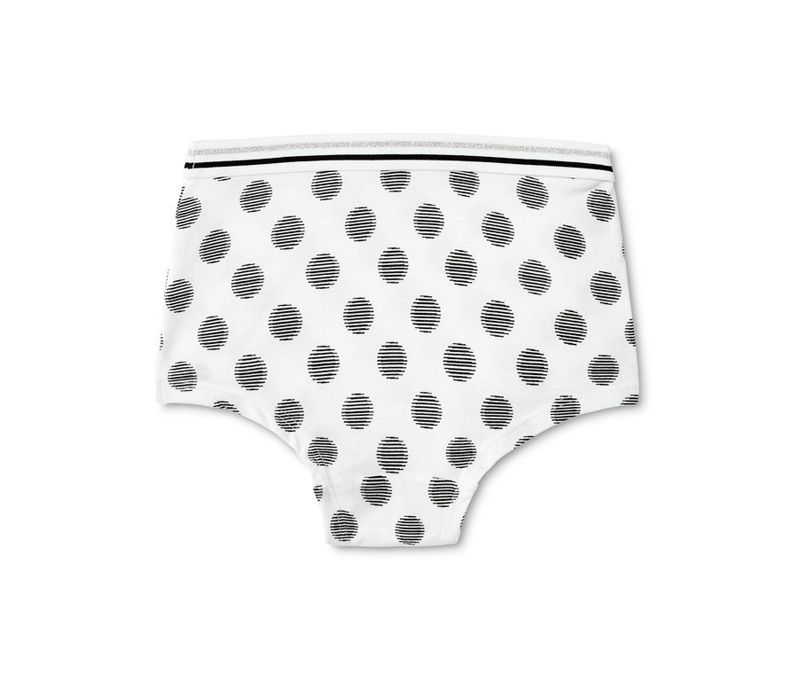 Une culotte pour fille avec des pois noirs sur fond blanc. La culotte a une bande argentée et noire à la taille. Lot de 7.