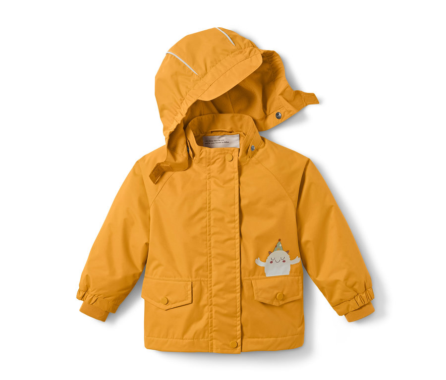 Veste de pluie thermique jaune avec capuche et application.