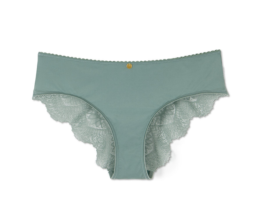 2 slips brésiliens de couleur sauge avec détails en dentelle.