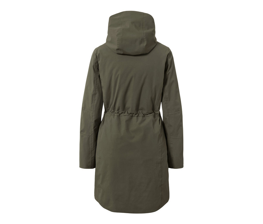 Vue arrière d'un manteau de pluie 3-en-1 olive avec capuche et cordon de serrage à la taille.