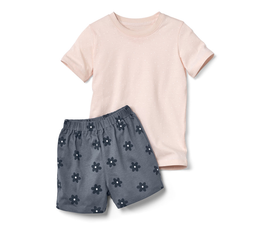 2 pyjamas pour tout-petits : T-shirt rose à pois et short gris à fleurs.