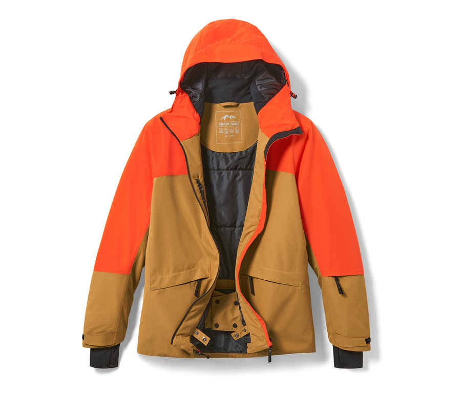 Veste de ski orange et marron.