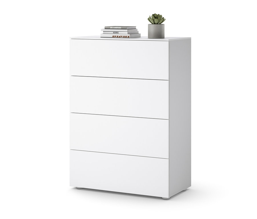 Commode blanche à tiroirs avec quatre tiroirs et une plante sur le dessus.