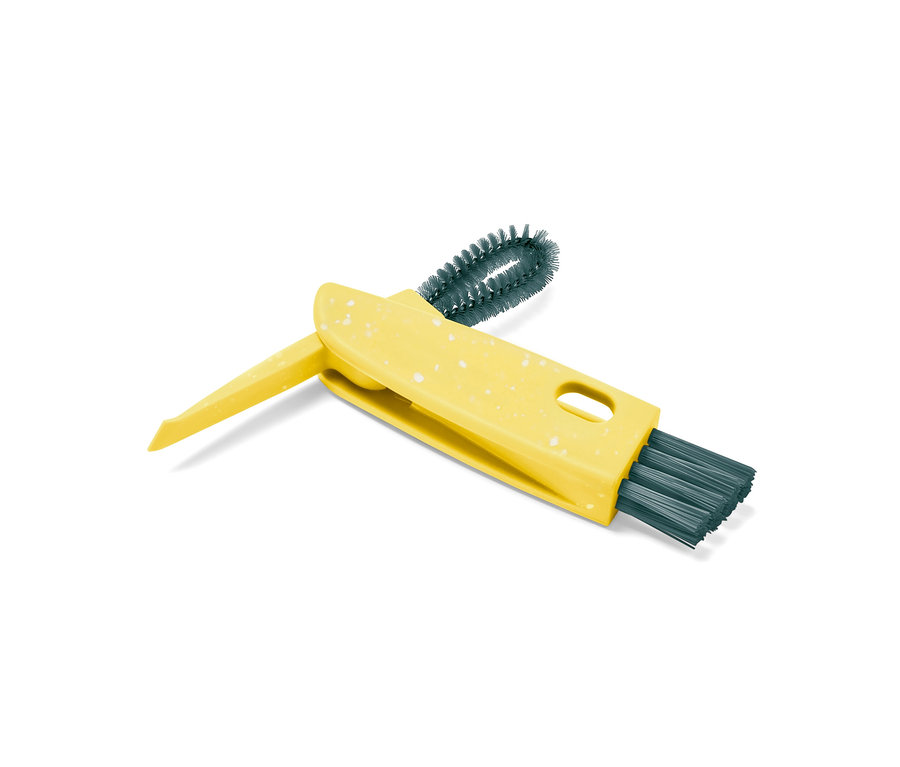 Brosse multifonction 3 en 1 jaune avec des taches blanches et trois têtes de brosse différentes.