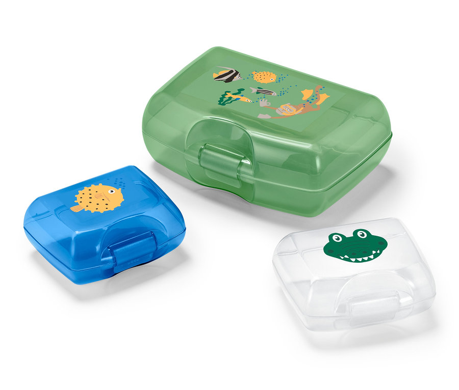 Trois boîtes à lunch : une verte avec un plongeur, une bleue avec un poisson et une transparente avec un crocodile.