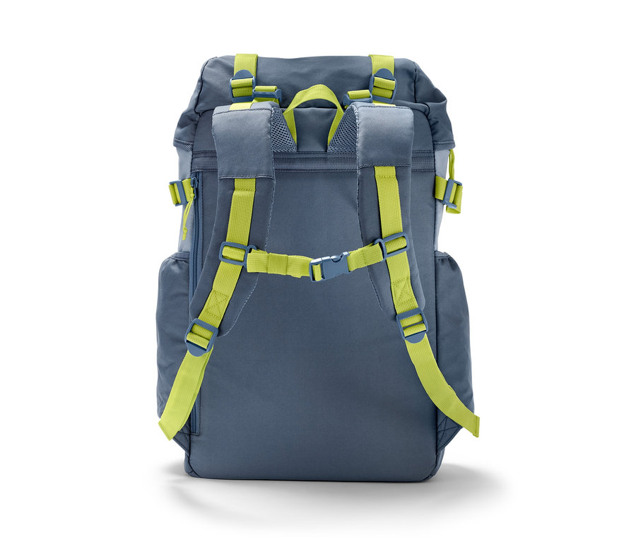 Vue arrière d'un sac à dos d'extérieur gris avec des sangles jaune-vert.