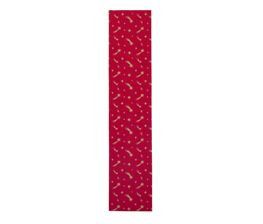 Chemin de table en coton rouge avec motif d'étoiles dorées.
