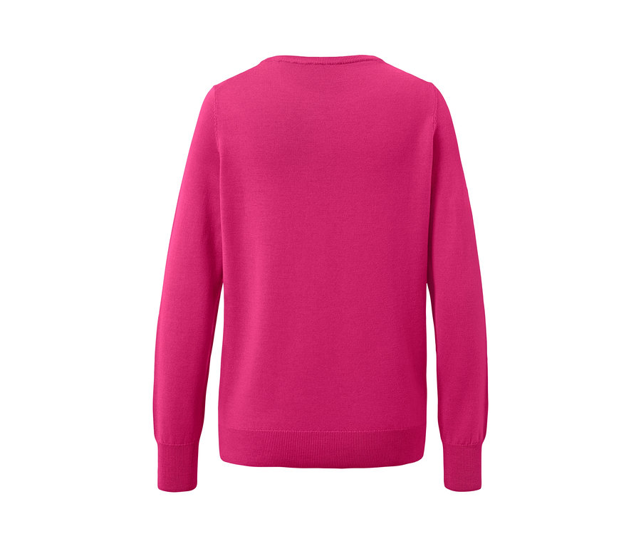 Vue détaillée de l'arrière d'un pull en maille fine mérinos framboise.