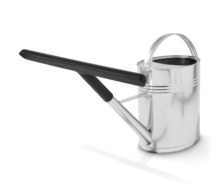 Arrosoir argenté avec un embout à arrosoir noir.