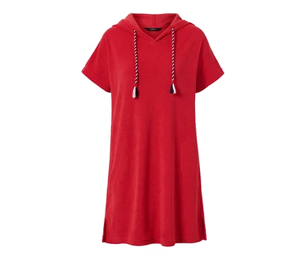 Robe de plage rouge en tissu éponge avec capuche et manches courtes.