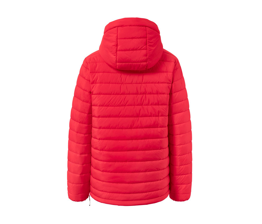 Détail du dos d'une veste matelassée à capuche.