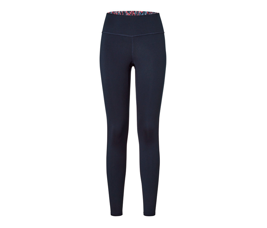 Legging de sport bleu marine taille haute avec intérieur de ceinture à motifs. Il s'agit d'un legging de sport réversible rose/bleu marine.