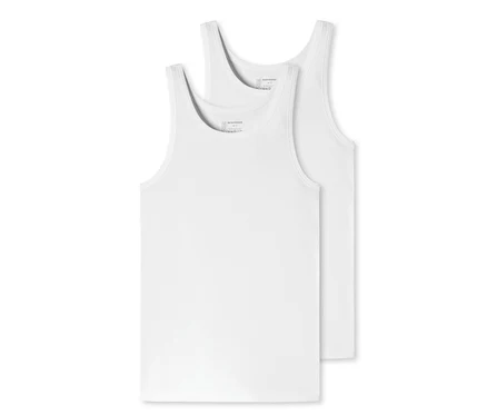 Deux maillots de corps blancs SCHIESSER avec coton bio sont posés l'un sur l'autre.