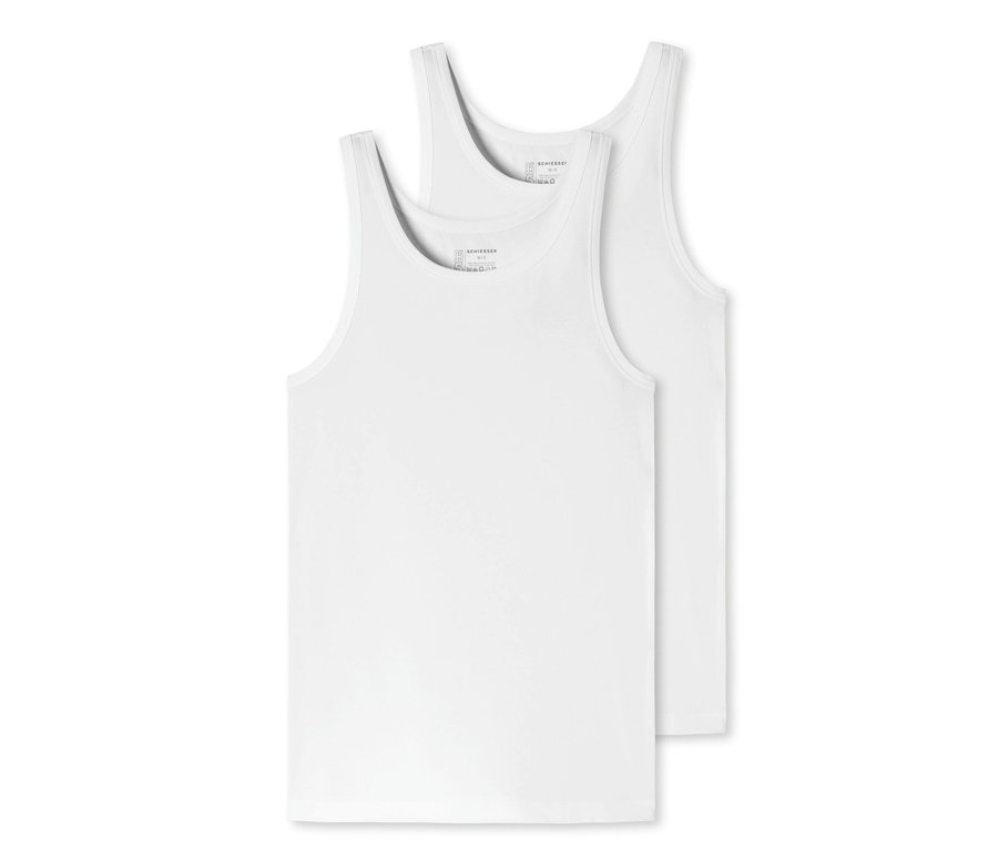 Deux maillots de corps blancs SCHIESSER avec coton bio sont posés l'un sur l'autre.