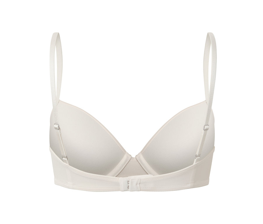 Vue détaillée de l'arrière de 2 soutiens-gorge à coques blancs, montrant les bretelles réglables et la fermeture.