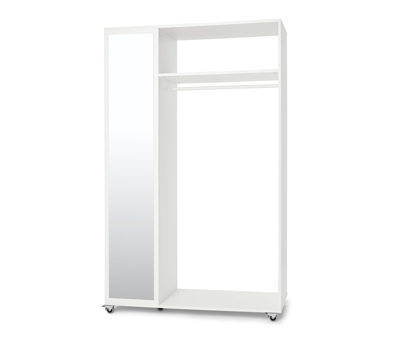 Une garde-robe mobile avec miroir sur roulettes.