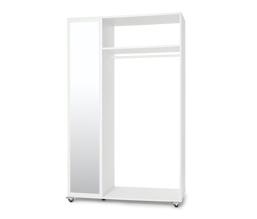 Une garde-robe mobile avec miroir sur roulettes.
