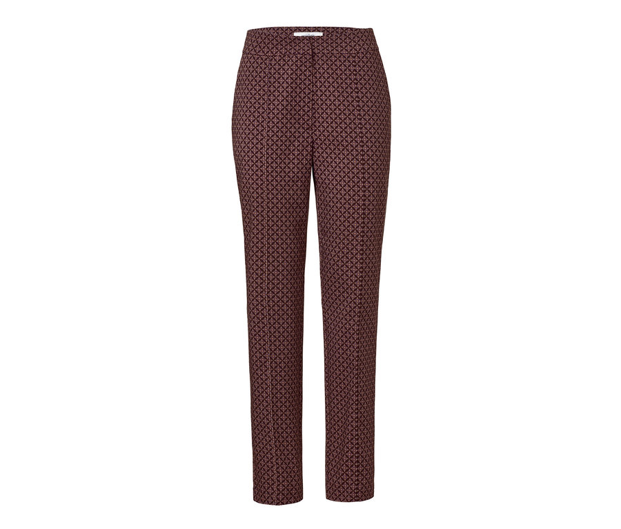 Un pantalon tissé bordeaux avec un motif géométrique.