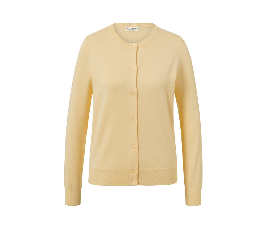 Un cardigan jaune en maille fine avec des boutons.