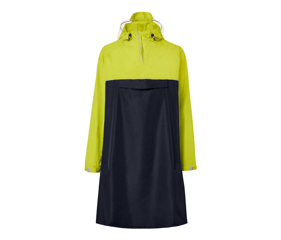 Poncho de pluie jaune et bleu marine à manches.
