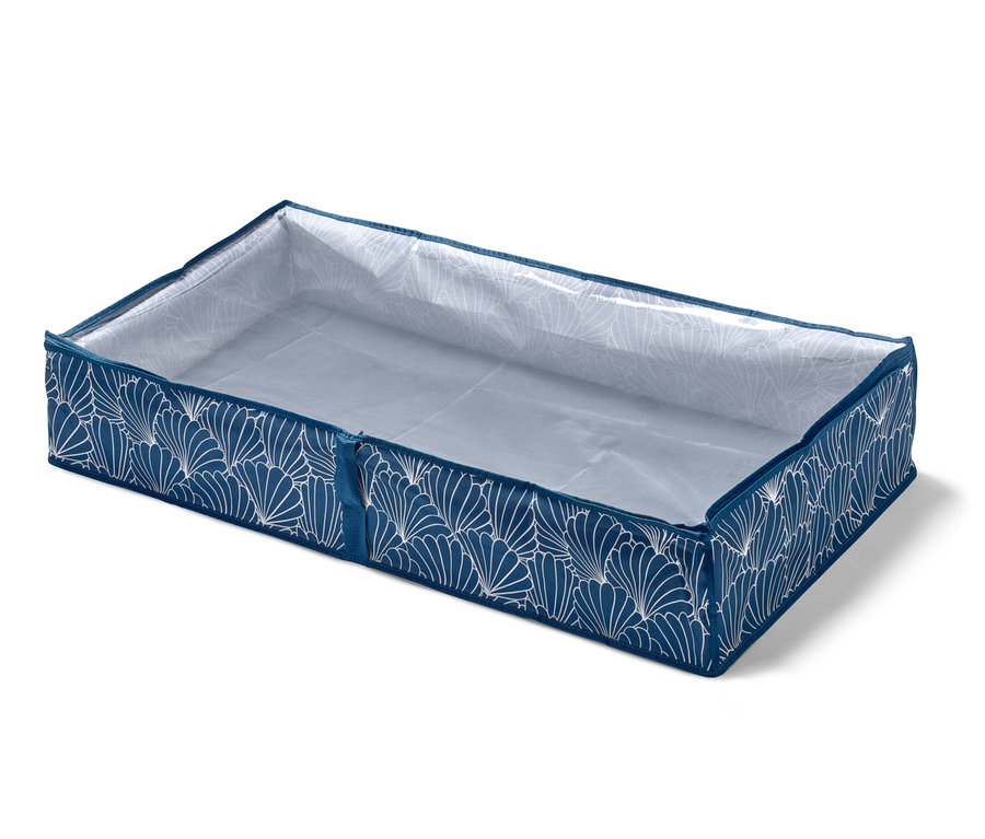 Une commode de dessous de lit bleue avec un motif blanc.