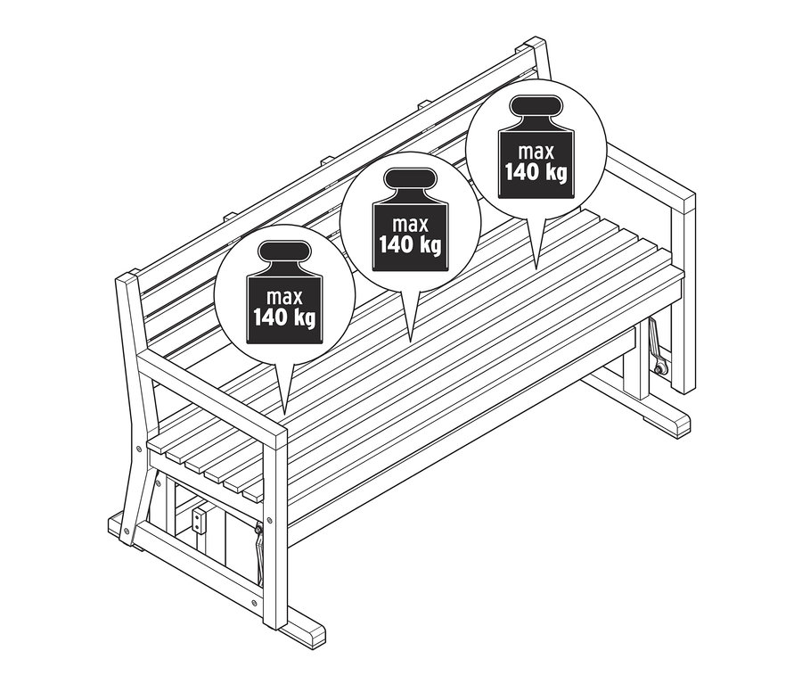 Illustration d'une banc-balançoire avec une capacité de charge maximale de 140 kg.