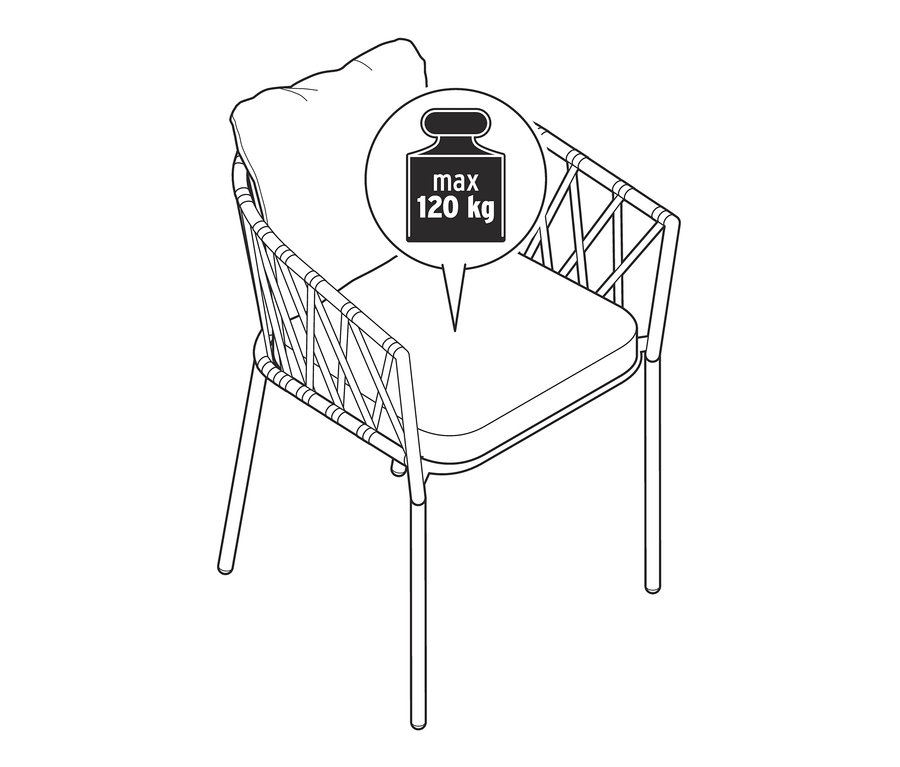Illustration d'un fauteuil pour table à manger avec tressage textile, charge maximale 120 kg.
