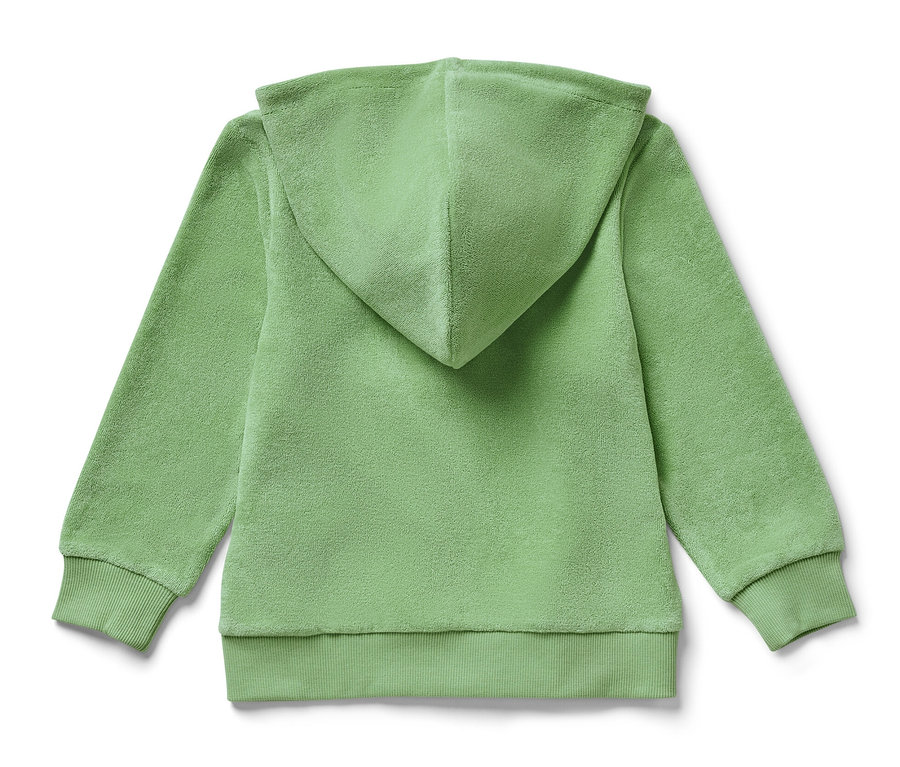 Vue arrière d'une veste éponge pour enfants vert clair avec capuche.