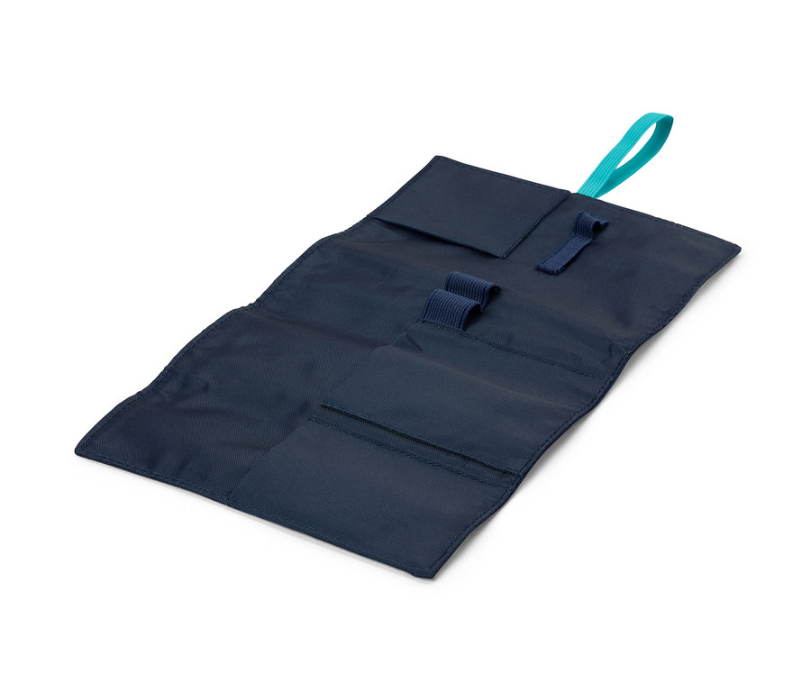 Organisateur de voyage pour câbles bleu foncé ouvert avec une boucle azur.