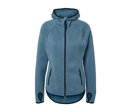 Veste en polaire tricotée bleu foncé avec capuche et fermeture éclair au milieu.