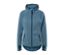 Veste en polaire tricotée bleu foncé avec capuche et fermeture éclair au milieu.