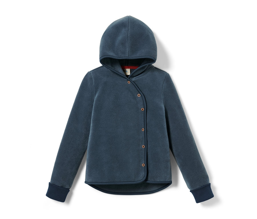 Veste en polaire bleu marine pour bébé et tout-petit avec capuche et fermeture boutonnée.
