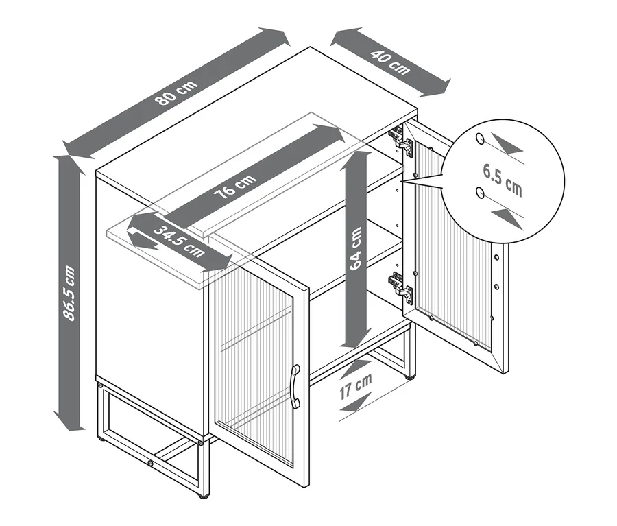 Dimensions du meuble avec portes en verre.
