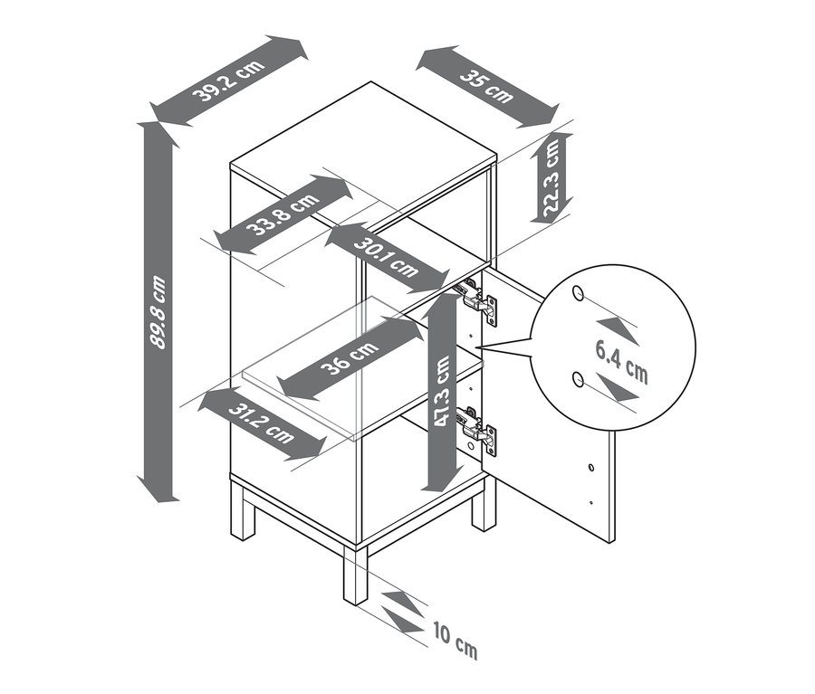 Les dimensions de la petite desserte d'appoint « Eklund » sont indiquées par des flèches.