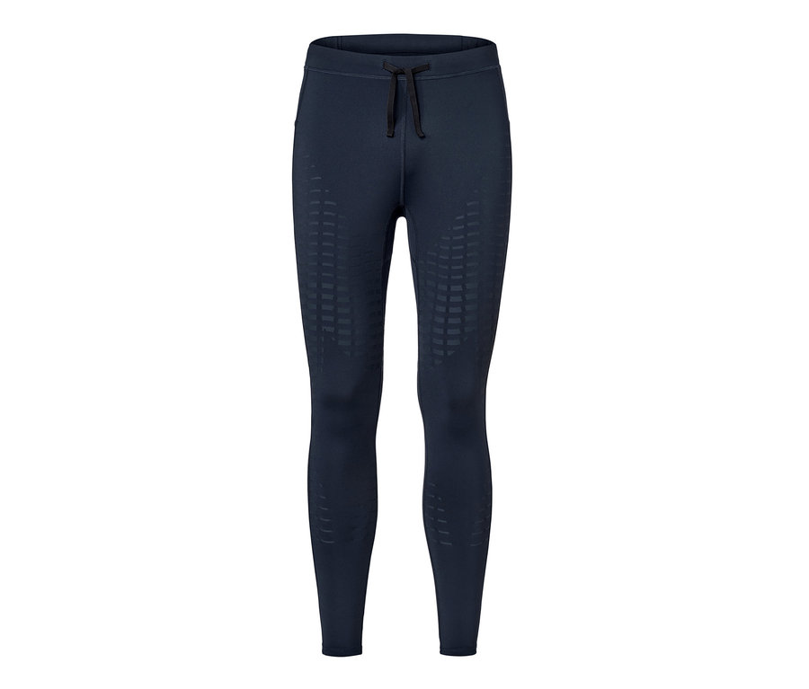 Legging de sport bleu marine avec éléments décoratifs.