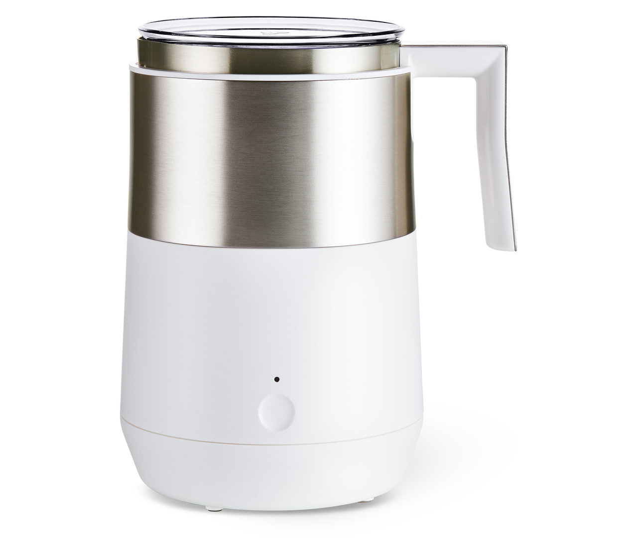 Un mousseur à lait à induction blanc crème avec une partie supérieure en acier inoxydable et une poignée blanche.