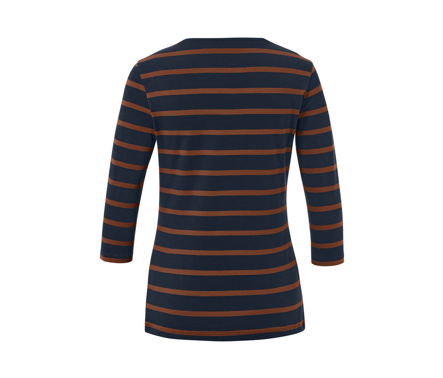 Vue arrière d'un t-shirt à rayures marron et bleu marine à manches 3/4.