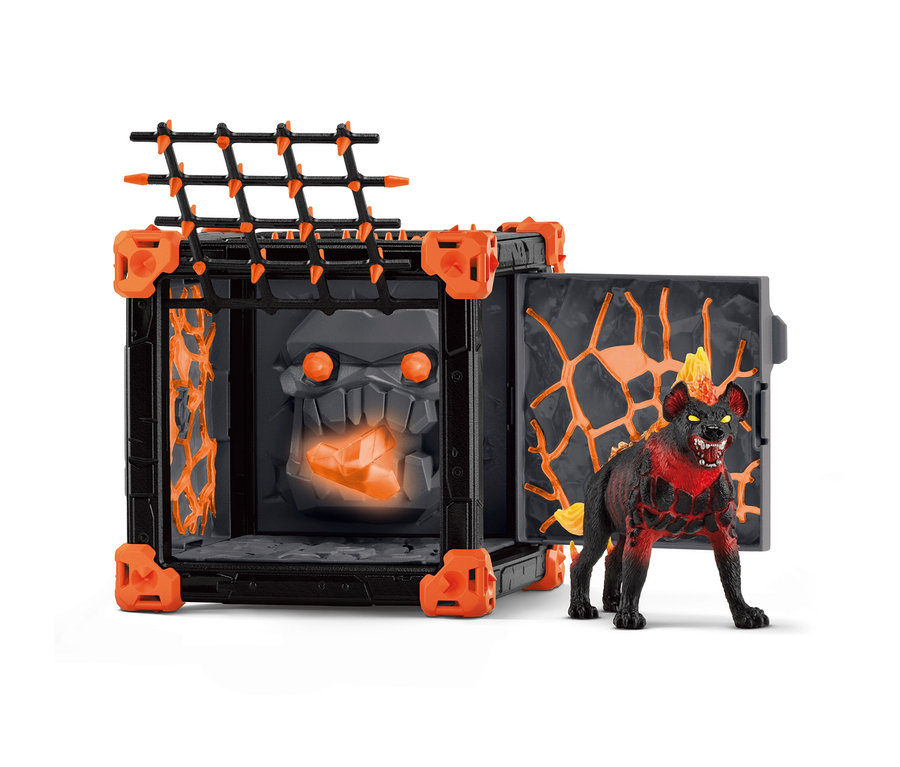 La BattleCave Eldrador Lavahyène de Schleich et la figurine Lavahyène se tiennent à côté.