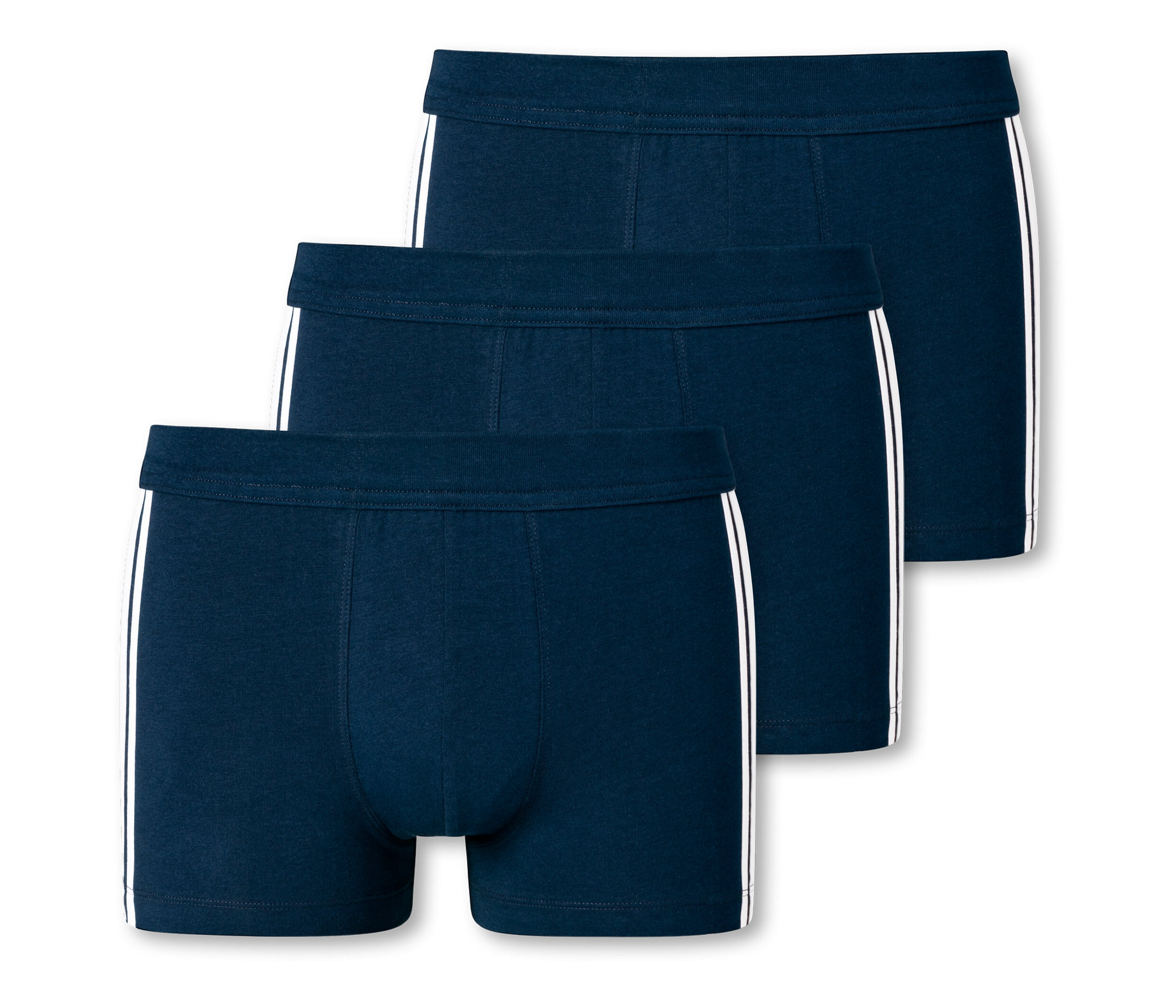 Trois shorts SCHIESSER bleu foncé avec des rayures blanches sur le côté.