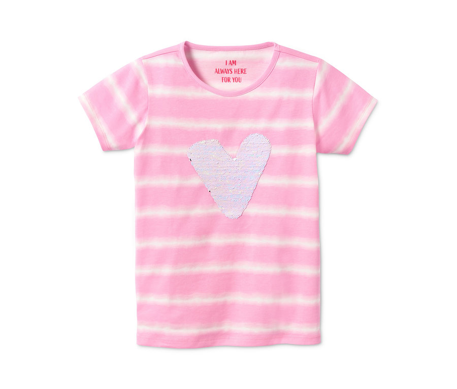 T-shirt rose en coton bio avec cœur à paillettes et lettrage.
