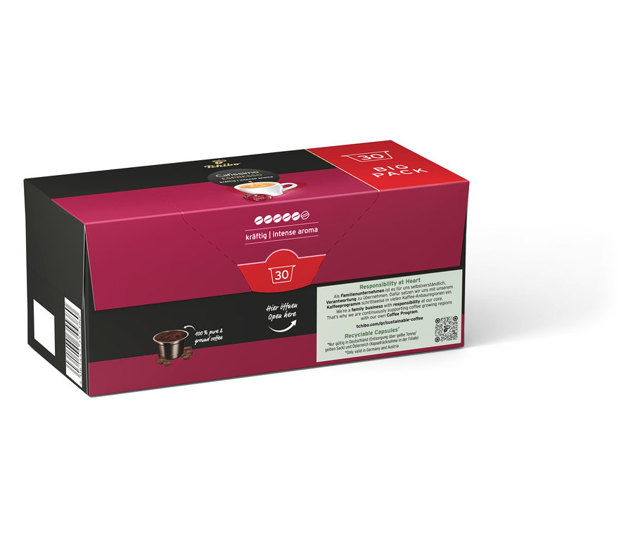 Paquet de 30 capsules Cafissimo Espresso kräftig. L'emballage est violet et noir.