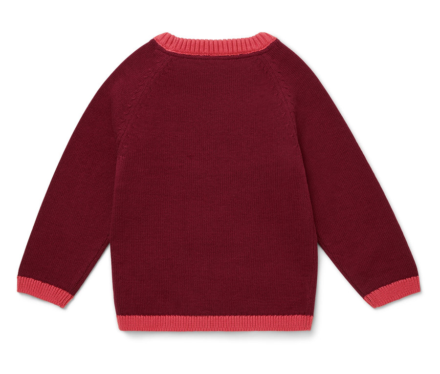Pull bordeaux avec bordure rose au col et aux poignets.