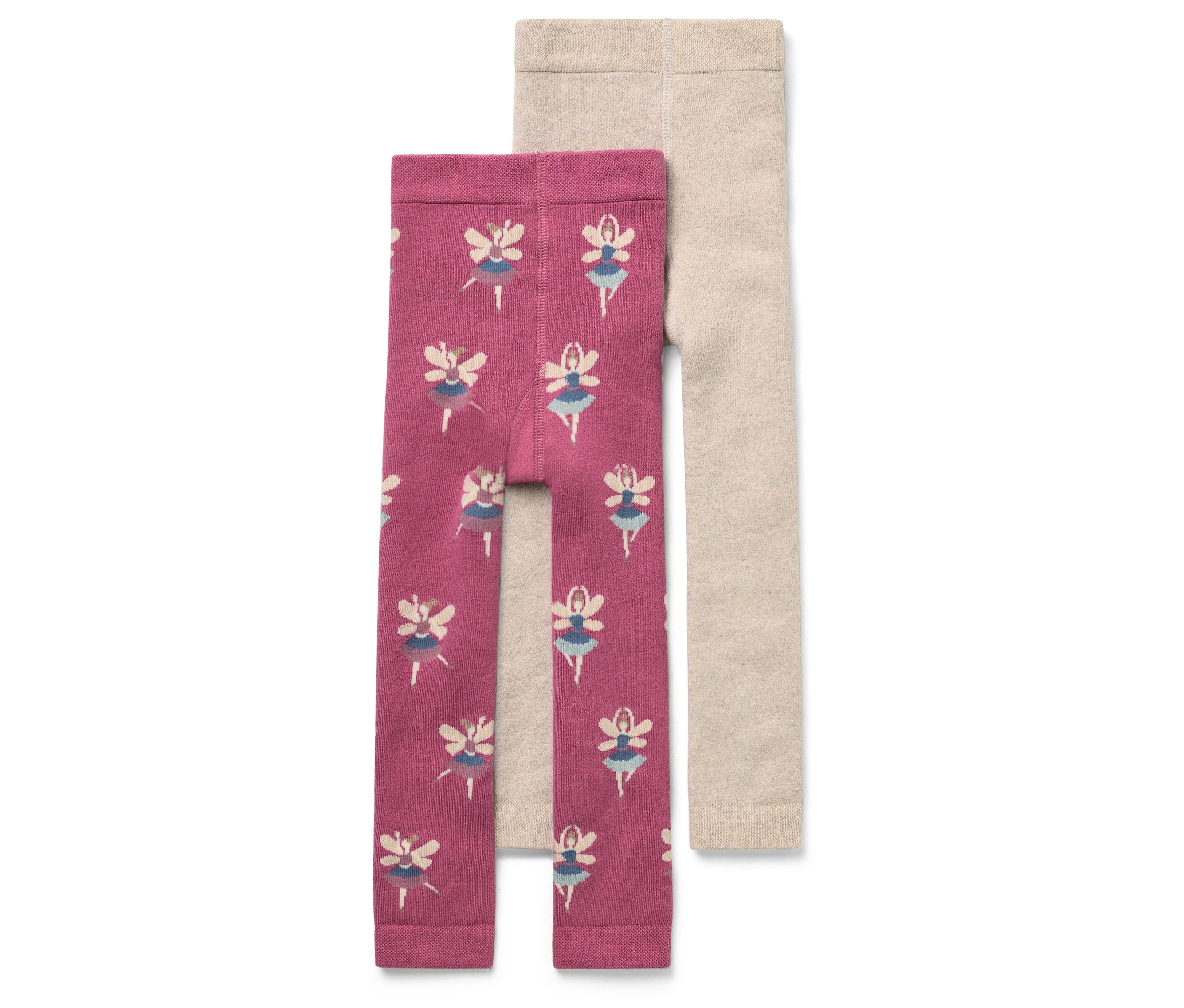 Deux leggings pour enfants : un rose avec des ballerines et un beige.