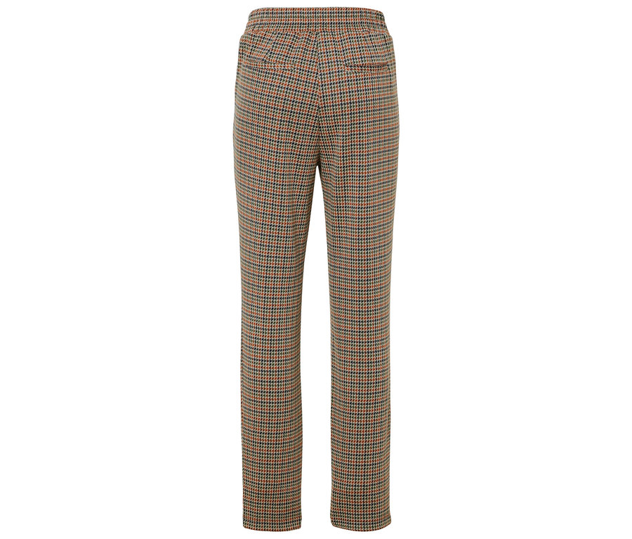 Détail de l'arrière d'un pantalon marron à motif pied-de-coq.