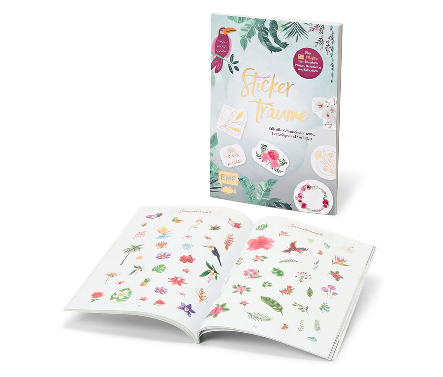 Deux livres ouverts « Stickerträume » (en allemand) avec des autocollants.