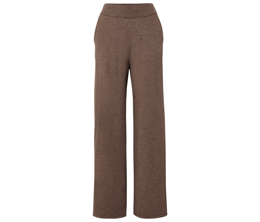 Pantalon marron en tricot à jambes larges.