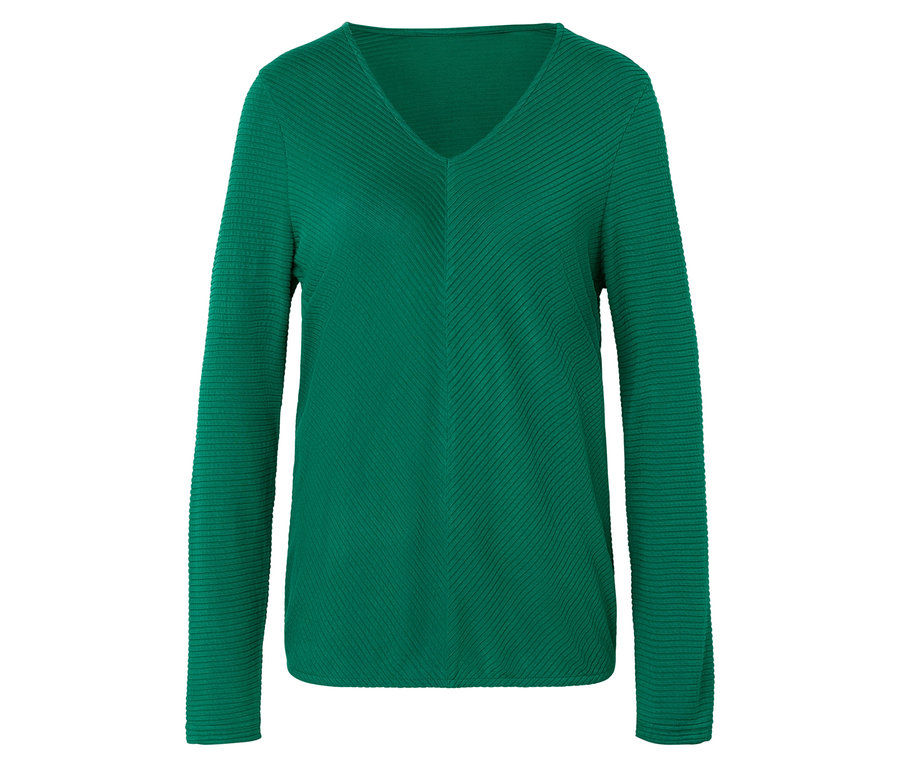 Pull vert à manches longues et col en V.