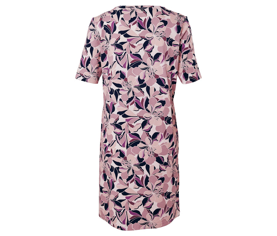 Robe à manches courtes avec motif floral dans les tons rose, violet et bleu.