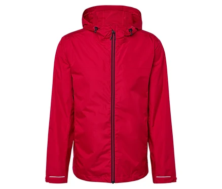 Veste rouge à capuche avec fermeture éclair.